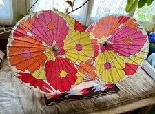 Vintage Parasol Japan Wagasa 32   Bamboo Paper Umbrella Pink Yellow
