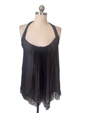 Whimsigoth Y2K Babydoll Halter Slip Top Womens S-M Black Lace Witchy Core Vampy
