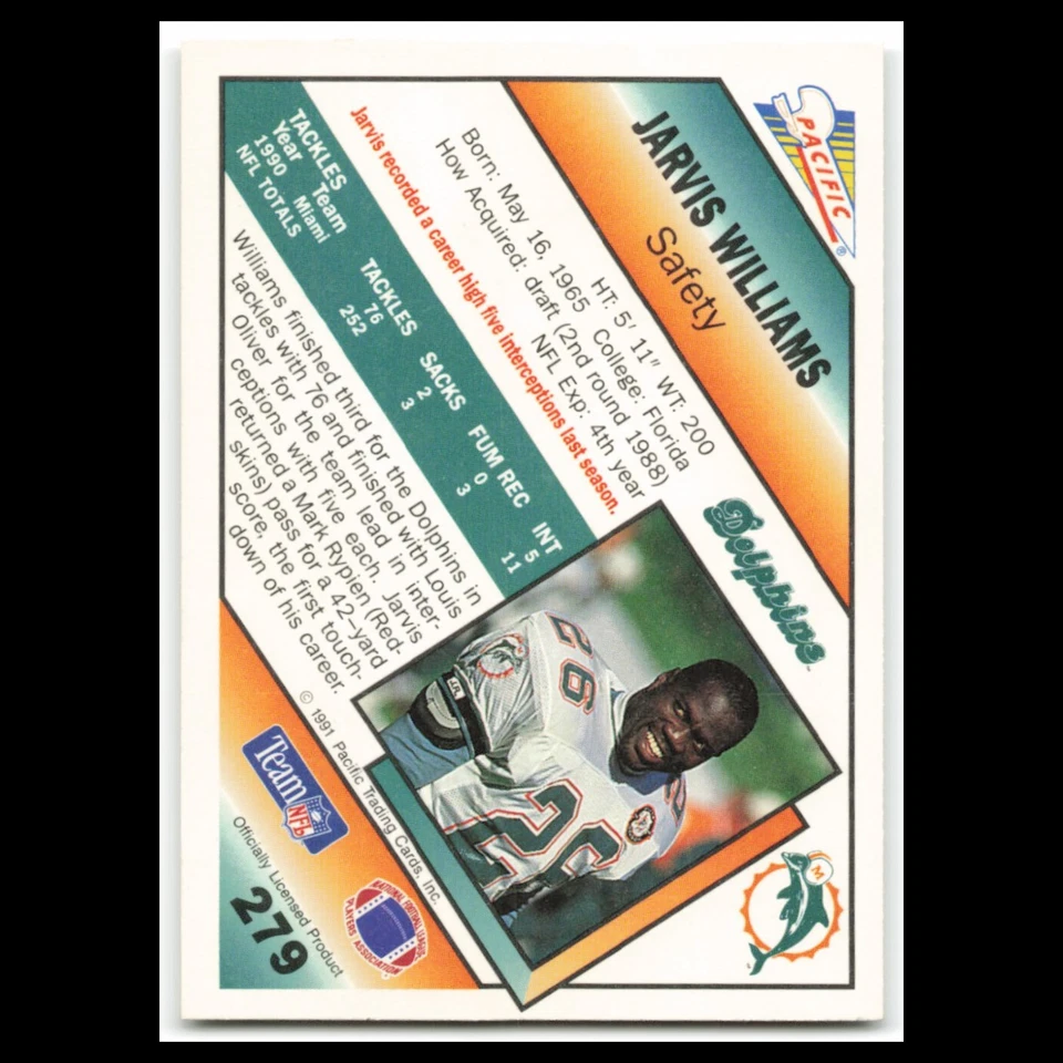 Jarvis Williams #279 1991 Pacific Miami Dolphins Football Card NFL NM - Image 2 of 3
