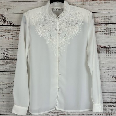 Womens Kathy Che White Victorian Romantic Pearl Button High Neck Satin Blouse 8