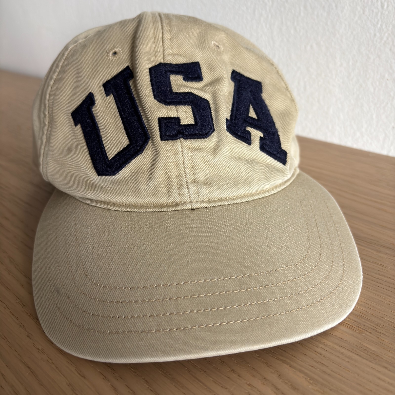 Vintage 90s Polo Ralph Lauren USA Flag Spell Out Hat Tan Strapback Cap One Size