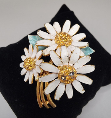 VTG Signed BSK Enamel Daisy Bouquet Brooch AS IS Missing Stones Repair/Craft