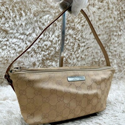 Gucci GG Canvas Mini Bag Brown Leather Accessory Pouch Handbag Logo Plate Japan