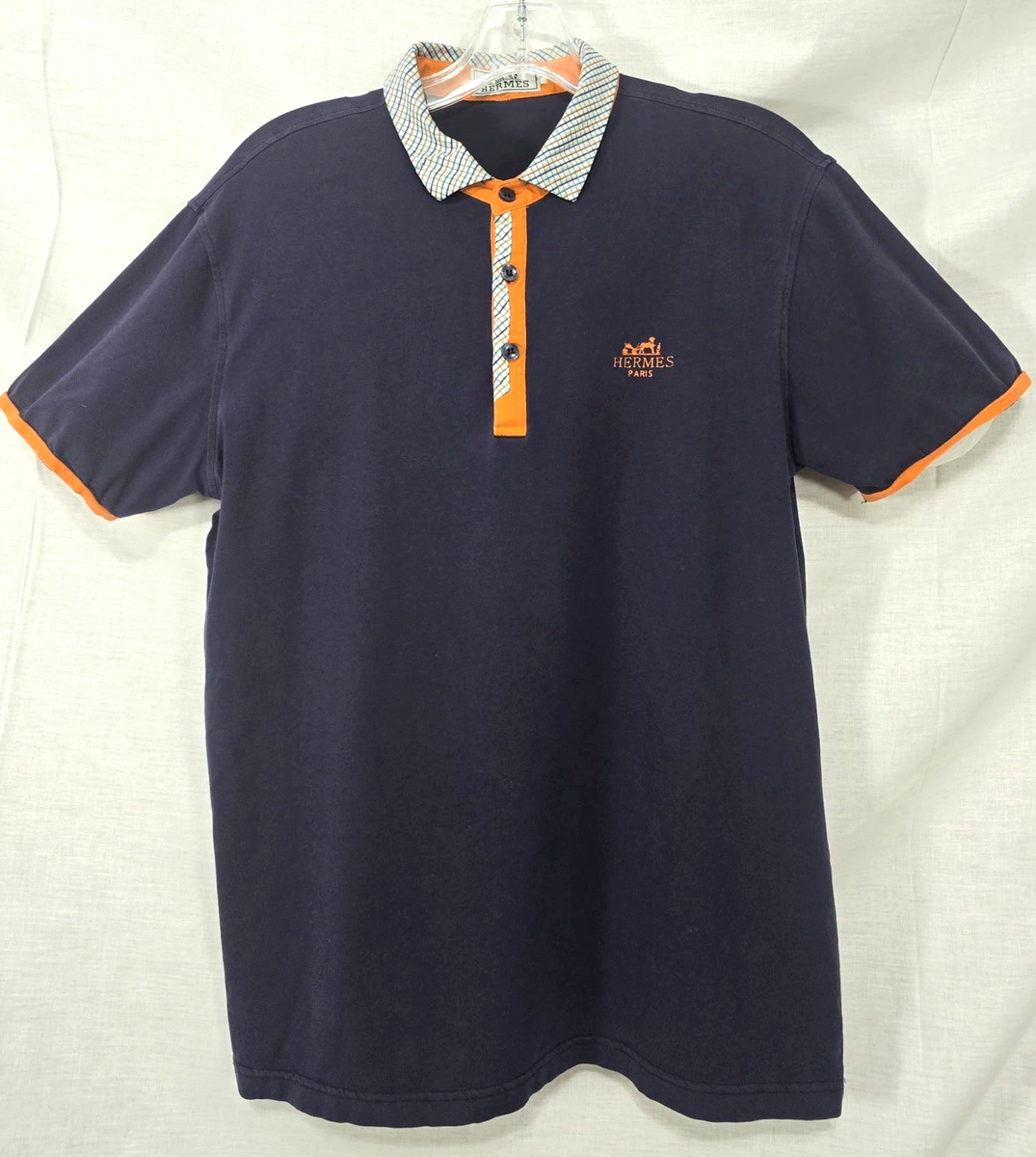 Hermes Paris Polo Shirt Navy Orange Trim Mens Cotton Designer