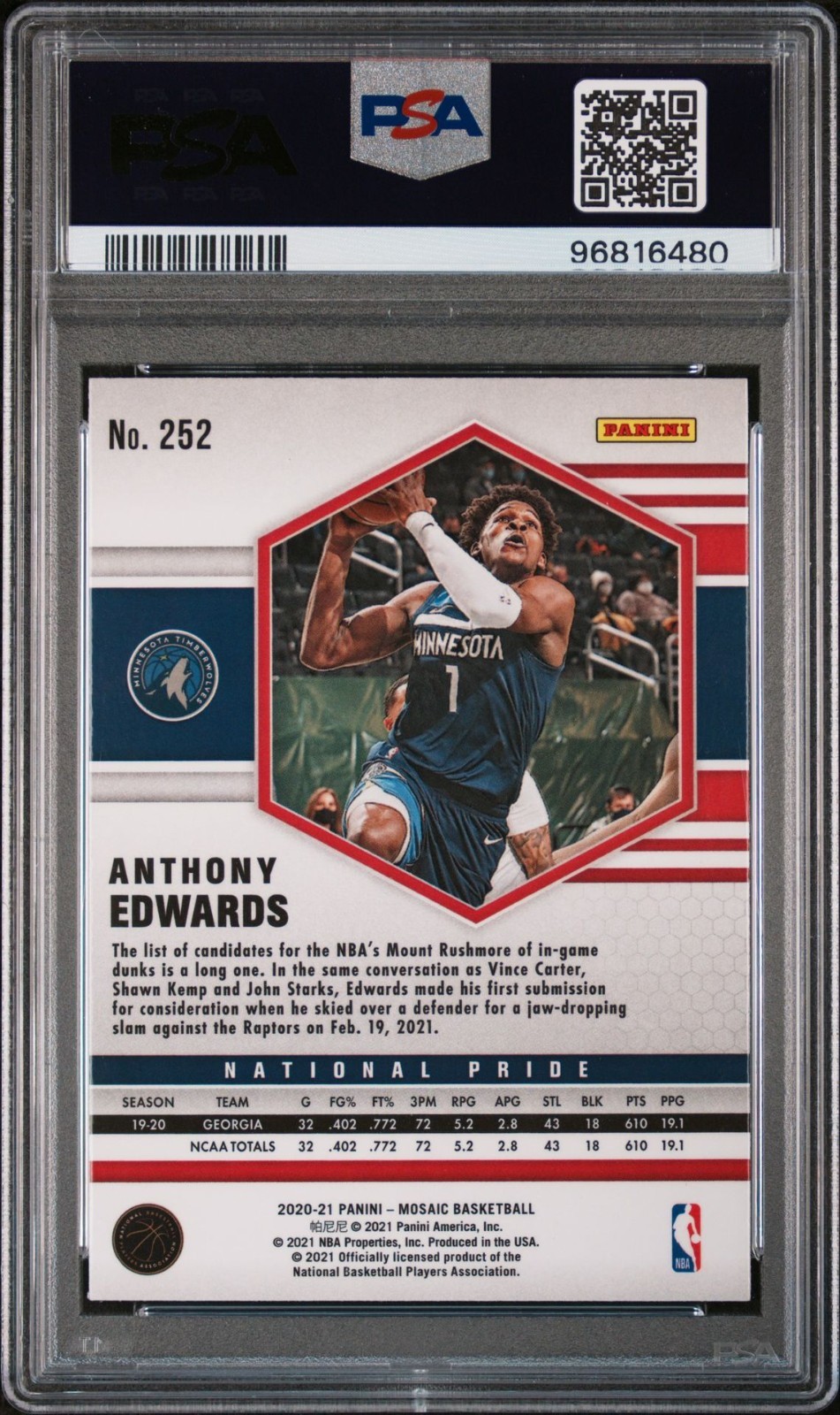 2020-21 Panini Mosaic - Anthony Edwards National Pride RC #252 PSA 7 view 2