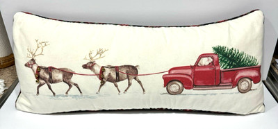 Bella Lux Santa Truck Reindeer With Bells Oblong Christmas Holiday Throw Pillow