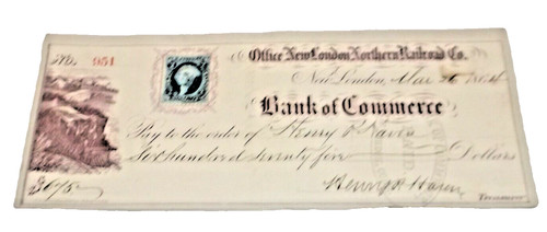 MARCH 1864 NEW LONDON NORTHERN COMPANY CHECK #951 CIVIL WAR ERA