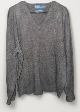 Vtg Polo Ralph Lauren Lambswool Sweater Size XL V Neck Gray Knit Pullover