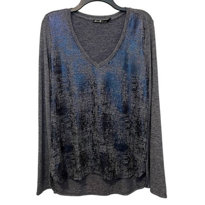 Seven7 Metallic Knit Shirt Gray Blue Vneck Large