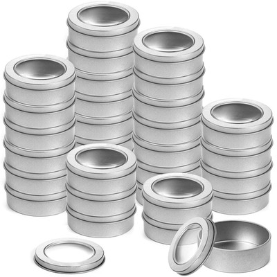 Yesland 30 Pack 2 Ounce Metal Tin Cans - Round Empty Containers Clear Top For