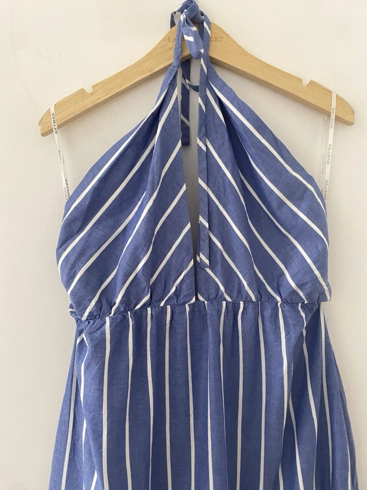 SHONA JOY Kimberley Crossover Halter Blue & White Striped Midi Dress Size 14 - image 4 of 4