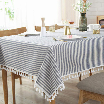 Amzali Stripe Tassel Tablecloth Cotton Linen Resistant/Dust-Proof Waterproof
