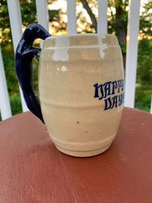 Vintage Prohibition-Era ''Happy Days'' Stoneware Beer Mug Blue Hound Dog Handle