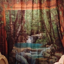 Nature Forest Bathroom Shower Curtain Green Landscape Waterfall Decoration