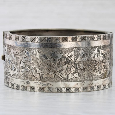 Vintage Floral geätzt Armreif Armband Silber breites Band 6,5'' 31,3 mm