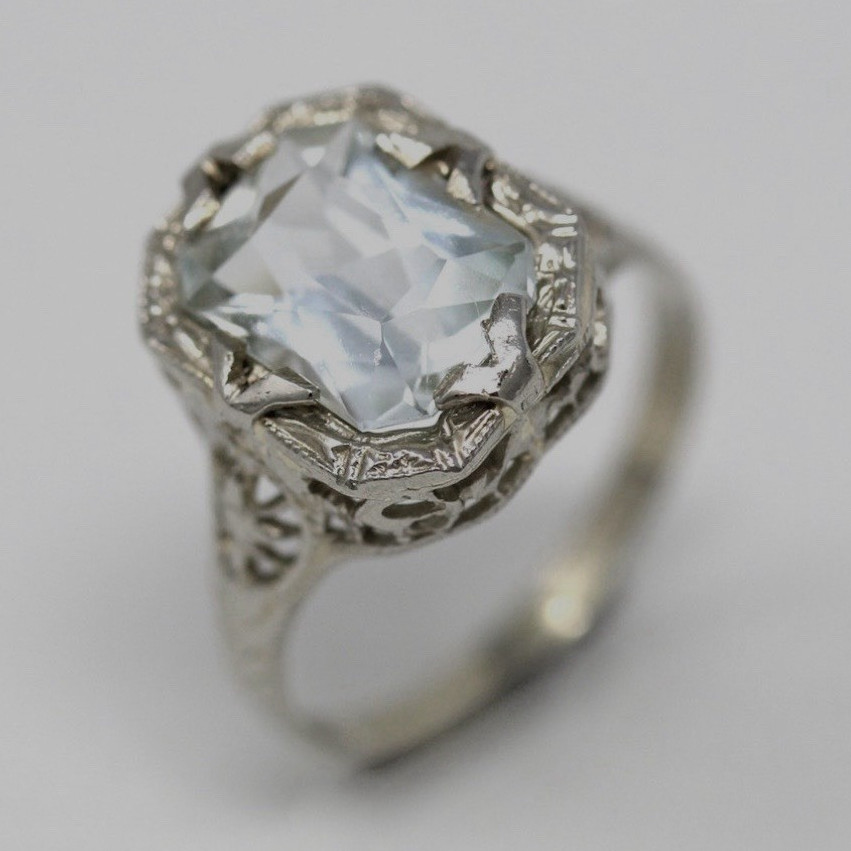 14k White Gold Filigree Ring Emerald-Cut Aquamarine Vintage Antique Size 5