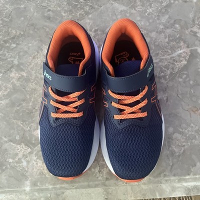 ASICS Boys Sneakers Size 2 Slip On, Easy Straps Navy Blue& Orange NEW
