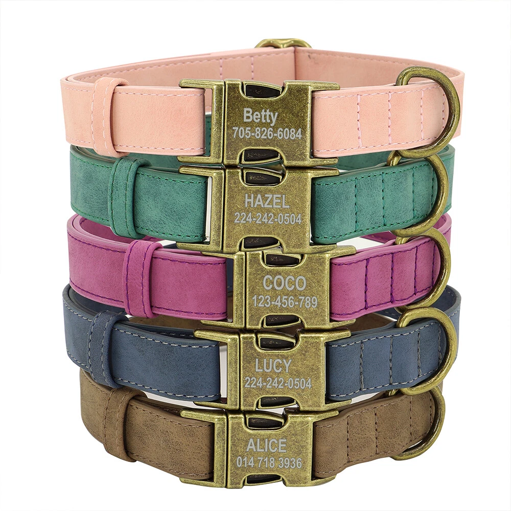 Personalised Dog Collars Soft Leather Custom with Engraved ID Name