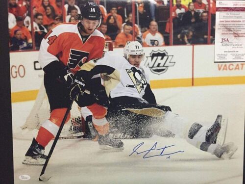 Autographed/Signed SEAN COUTURIER Flyers Vs Malkin 16x20 Hockey Photo JSA COA - Afbeelding 1 van 1
