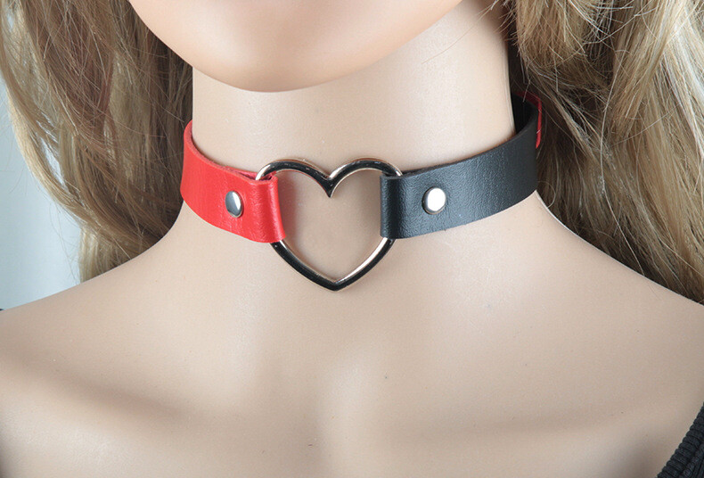 PU Leather Choker Necklace Adjustable Heart Chain Neck Collar Goth