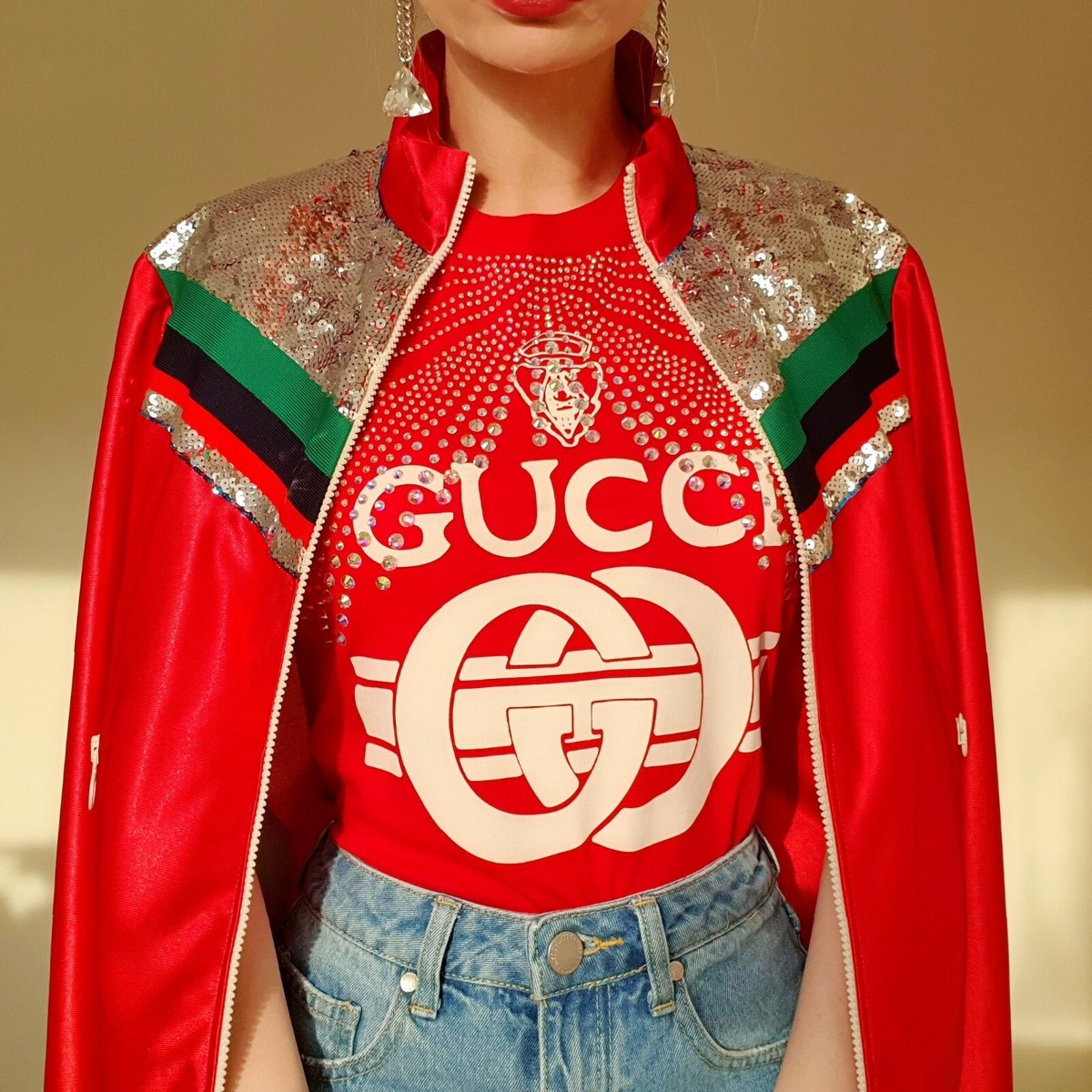 GUCCI GG SHINY RED SILVER SEQUIN GREEN WEB STRIPE ZIP TRACK GUCCI GG SHINY RED SILVER SEQUIN GREEN WEB STRIPE ZIP TRACK