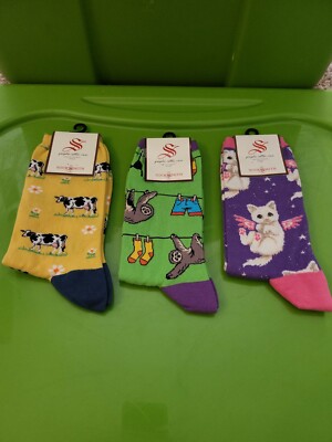 3 Pairs Of Socksmith Socks (Cow, Sloth, & Cat)