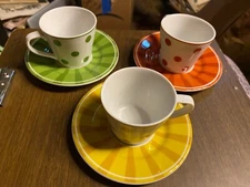 3 Vintage 1960’s Style MOD Polkadot POLKA DOT Cup & Saucers Coffee Espresso
