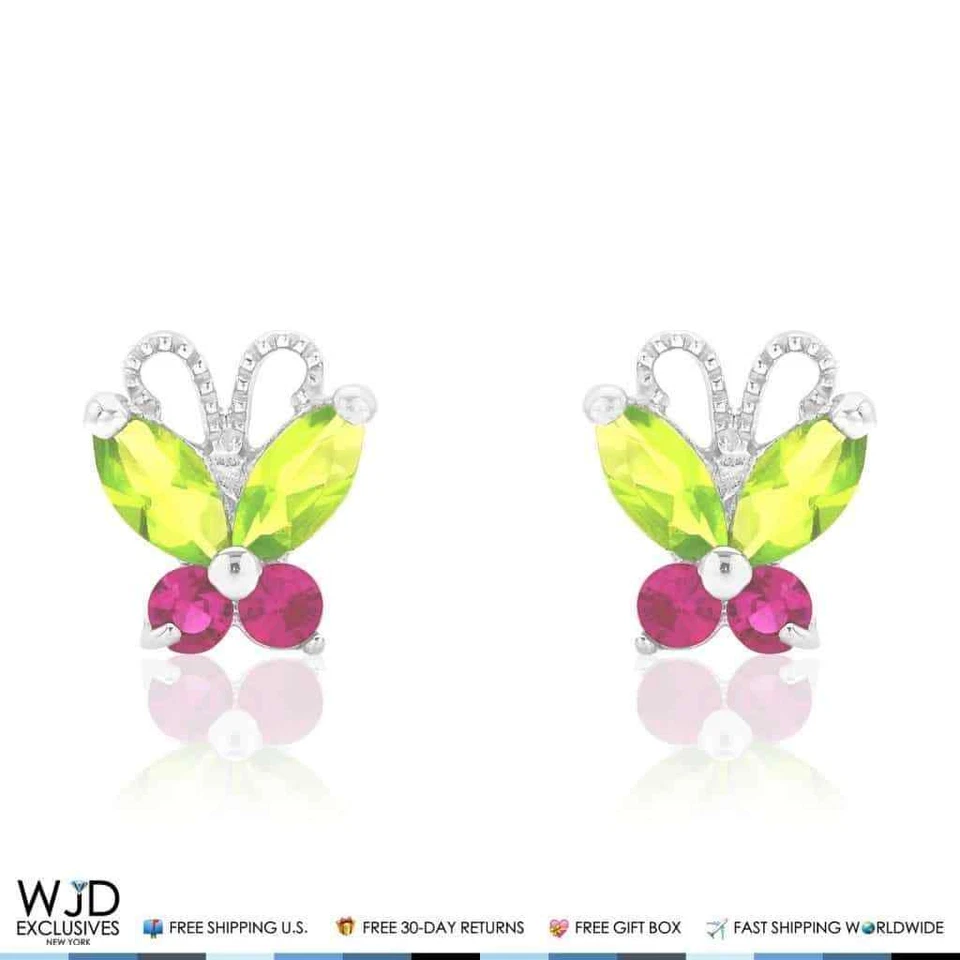 14K White Gold Peridot & Ruby Butterfly Baby Screw Back Stud Kids Earrings - Image 3 of 4