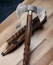 Vintage Spiral Walking Stick Engraved Viking Axe Handle 3 Fold Brown Wooden Cane