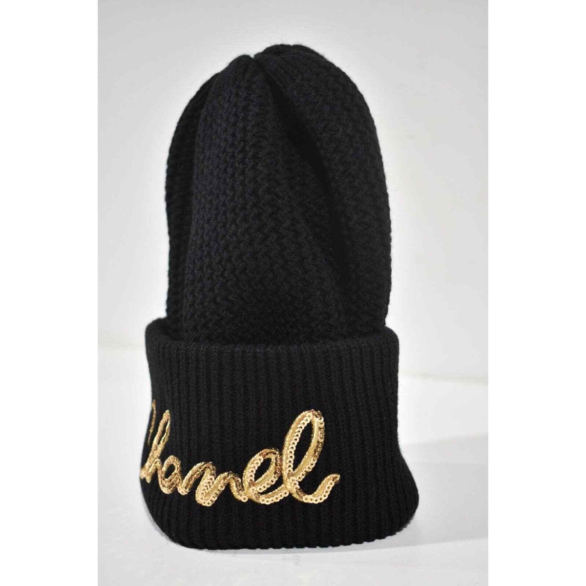 Chanel 22A Cashmere Black Gold Sequin CC Logo Beanie Winter Hat