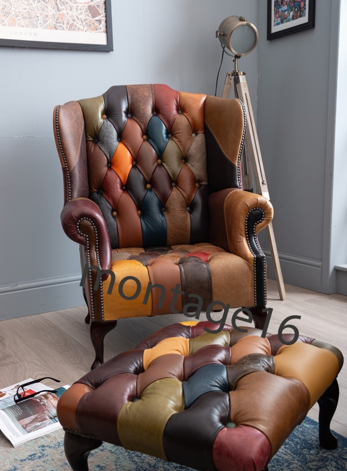 Lorton Patchwork Leather Button Seat Wing Chair Armchair High Back