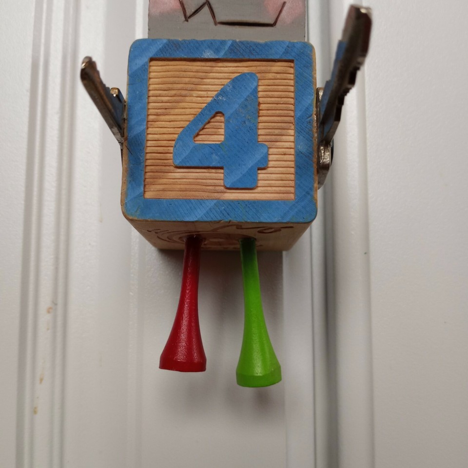 Upcycled Wood Burned ROBOT CHRISTMAS ornament NURSERY ART number 4 wall