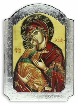 Madonna and Child Icon Picture on Wood Silver & Gold Foil Accents 5 1/2 ...