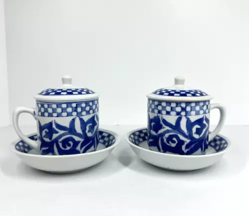 Williams Sonoma Mug Steeping Tea Coffee Cup & Saucer Blue French Lid SET 2