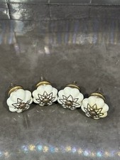 Furniture Floral Drawer Pulls White Ceramic W. Gold Tone Set of 4 Please READ