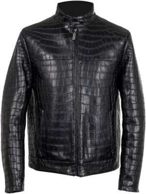 Mens Black Alligator Crocodile Pattern on genuine Lambskin leather Jacket