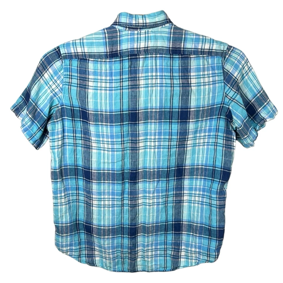 L.L. Bean Mens XL Blue Plaid Linen Short Sleeve Button Up Shirt - Image 3 of 4