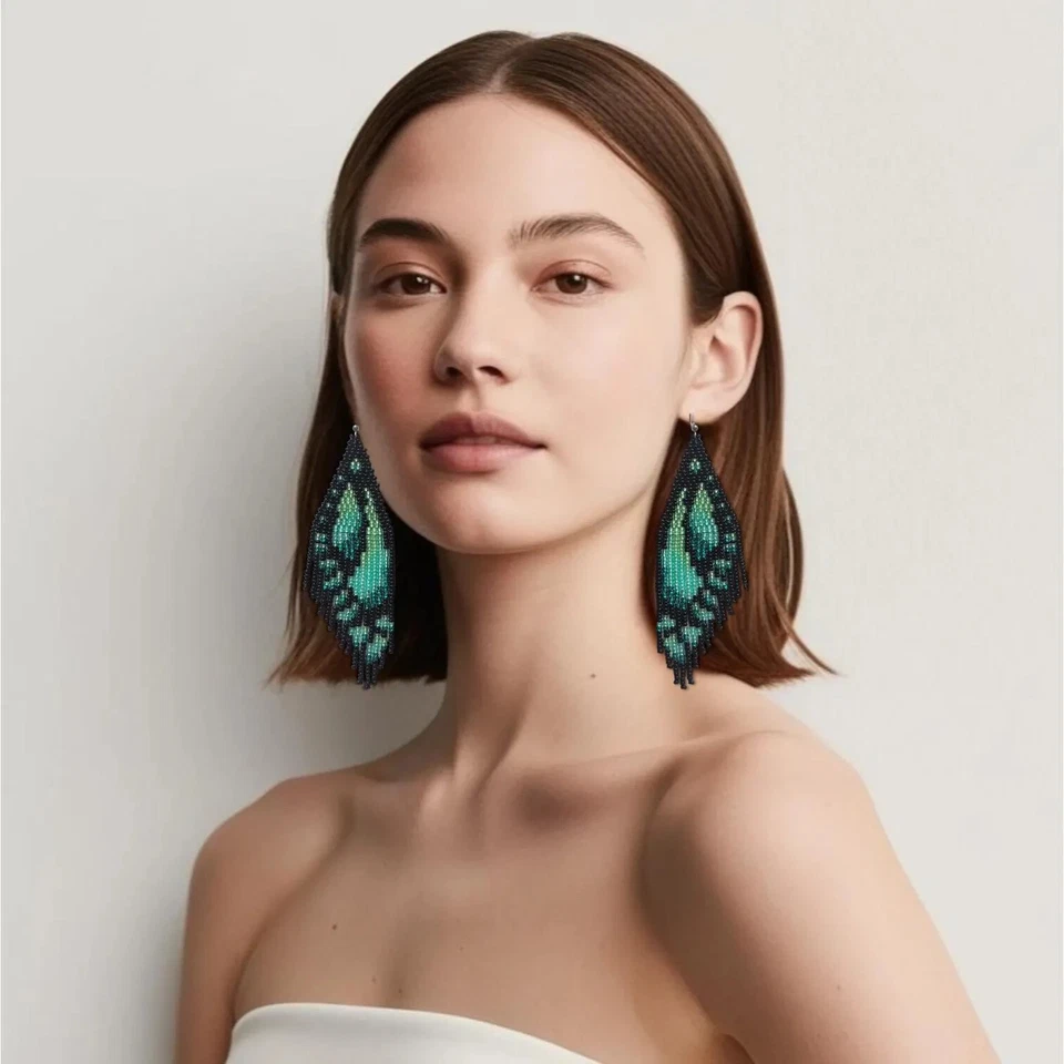 Green Butterfly Wings Boho Handmade Beaded Fringe Earrings - Image 3 of 4