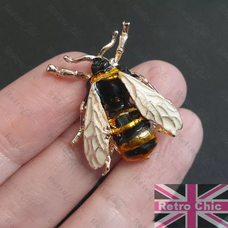 Bumble Bee BROOCH PIN Vintage Style Enamel Insect Wings Honey Cream Black Gold