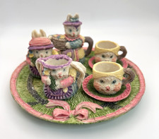 Country Cottage Bunny Miniature Tea Set, 5 1/2" Tray Resin Easter 8 piece in box