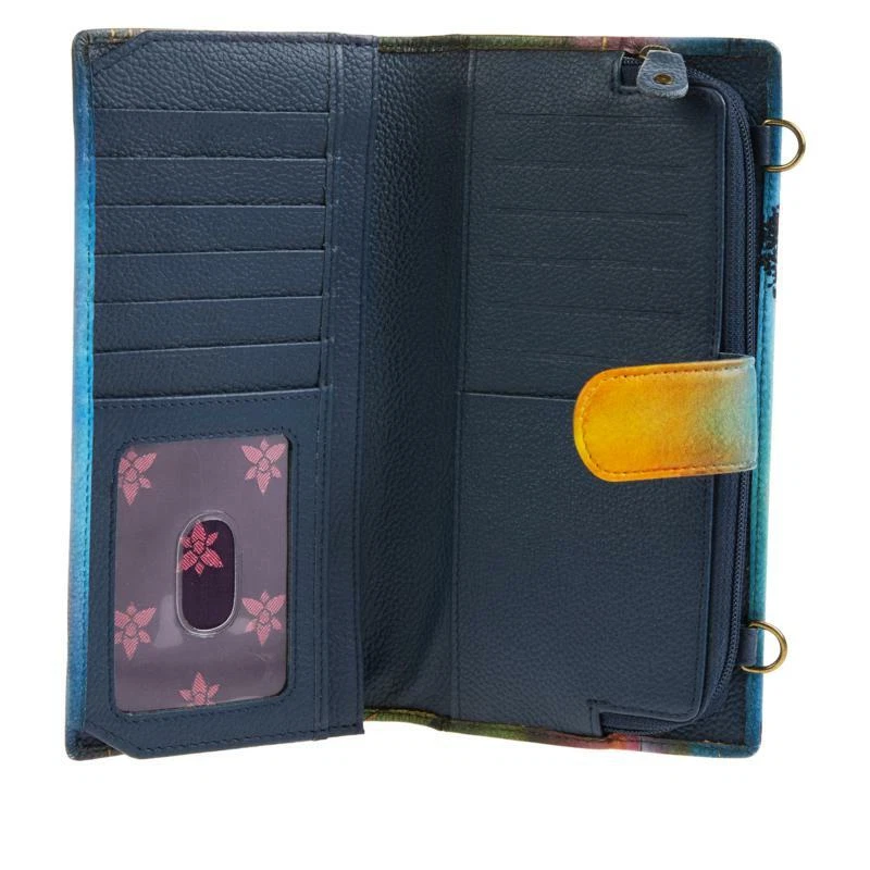 Bandolera organizadora de cuero pintada a mano Anuschka billetera-cebra puesta de sol nueva con etiquetas Foto 3 de 4