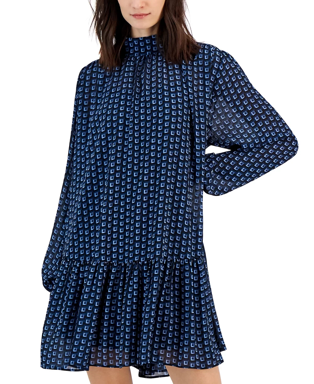 Hugo L107928 Blue Miscellaneous Long-Sleeve Stand-Collar Trapeze Dress Size 12