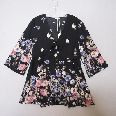 Jodifil Top Women Large Black Floral Flowy Boho Slit Sleeve Cottage Core  NWT