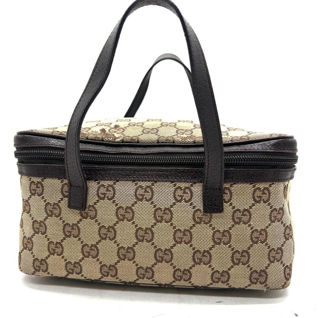 GUCCI GG Pouch Canvas Vanity Bag Unisex Brown Leather Small Authentic Excellent