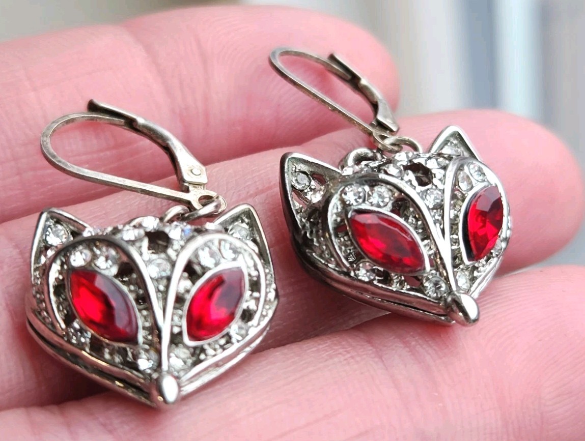 Sterling Silver Fox With Ruby Eyes Dangle Earrings - image 1
