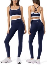 Navy White Breathable Leggings Set with Scoop Neck Sports Bra for Women