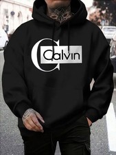 Men'S Casual Hooded Sweatshirt with Calvin Print - Black, Long Sleeve, Regular F