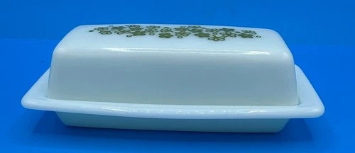 Vintage Pyrex Spring Blossom Butter Dish with Lid Crazy Daisy Green