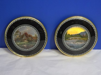 2 Vtg Convex Bubble Glass Foiled Pictures English Countryside Scenes Wall MCM 6 