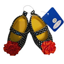 Toddler Baby Shoe Sze19M Black Polka Dot w Red Flower Outsole MatCotton Flexible